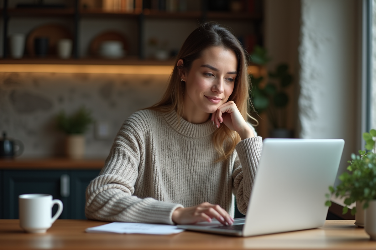 Femme en télétravail dans une cuisine chaleureuse
