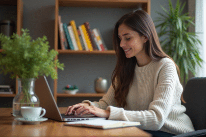 Jeune femme travaillant sur son ordinateur dans un bureau cosy