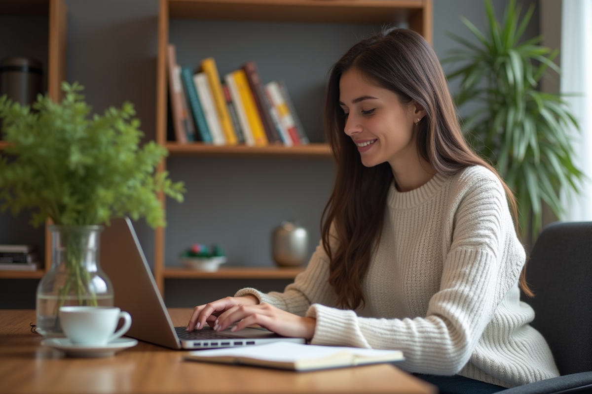 Jeune femme travaillant sur son ordinateur dans un bureau cosy