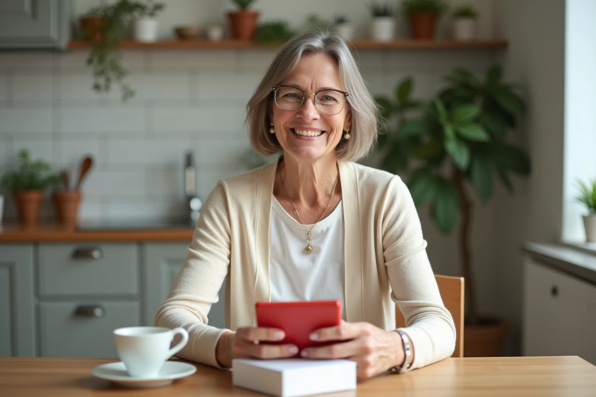 Femme déballant un téléphone dans sa cuisine chaleureuse