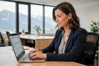 Femme utilisant le webmail académique de Grenoble sur un ordinateur portable dans un bureau professionnel moderne