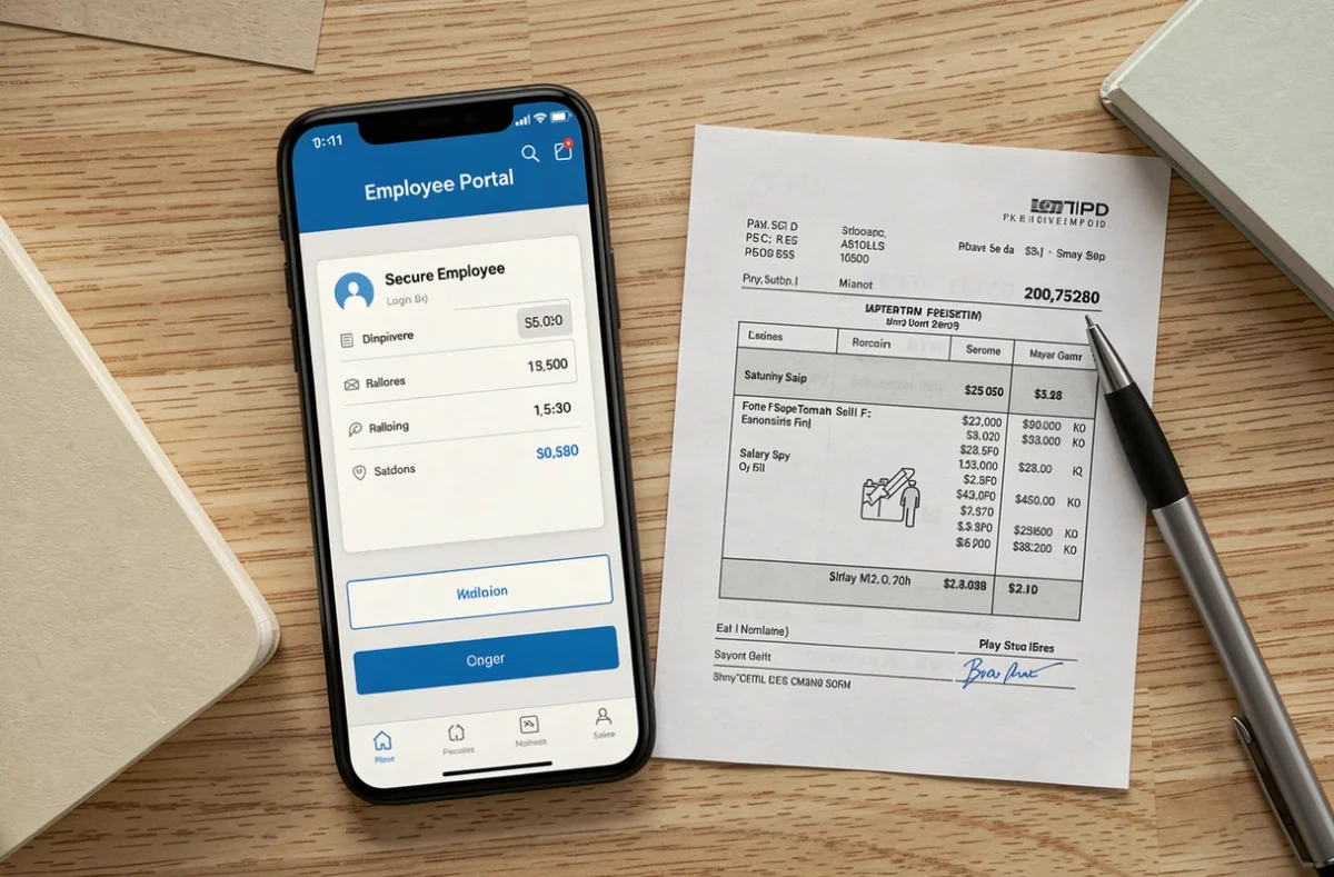 Fiche de paie numérique accessible depuis l'espace salarié MyArkevia sur smartphone avec bulletin papier