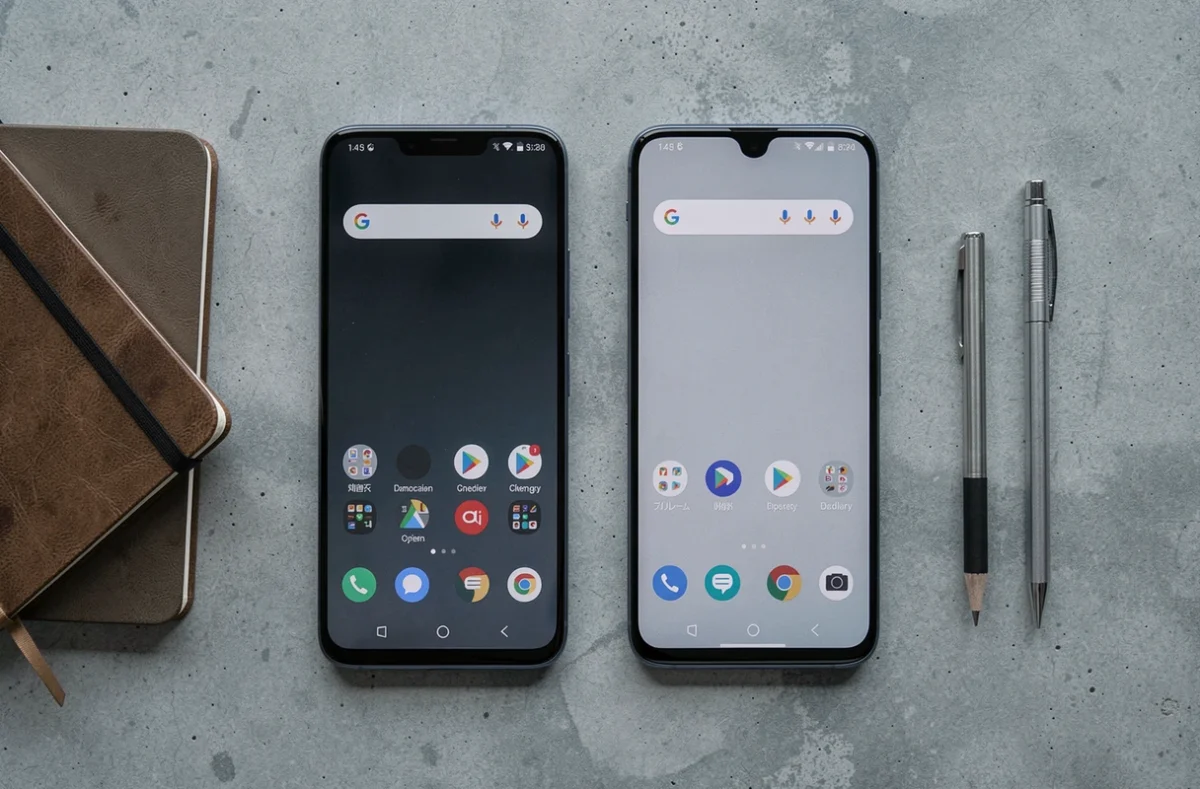 Comparaison à plat de deux smartphones Samsung Galaxy Ultra sur surface en béton avec carnet