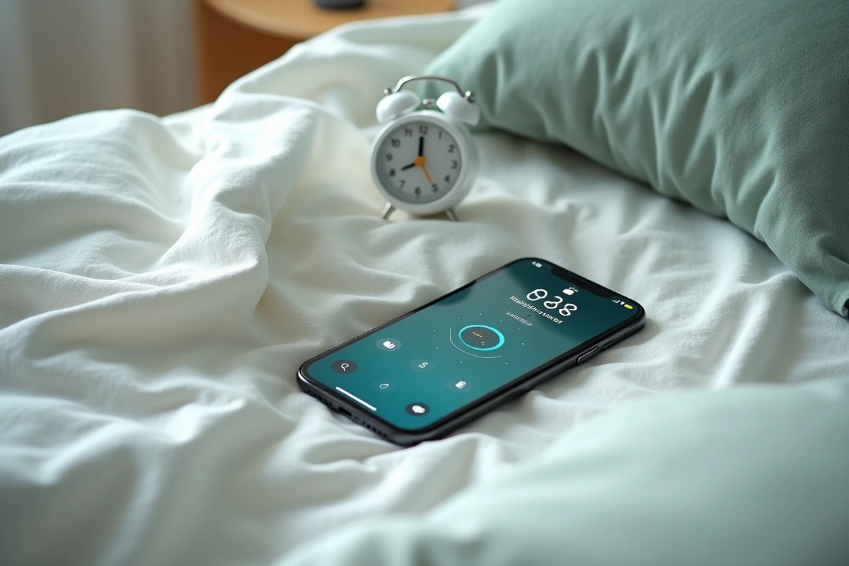 Vue de dessus d'un iPhone affichant plusieurs alarmes configurées dans l'application Horloge iOS posé sur un lit en lin