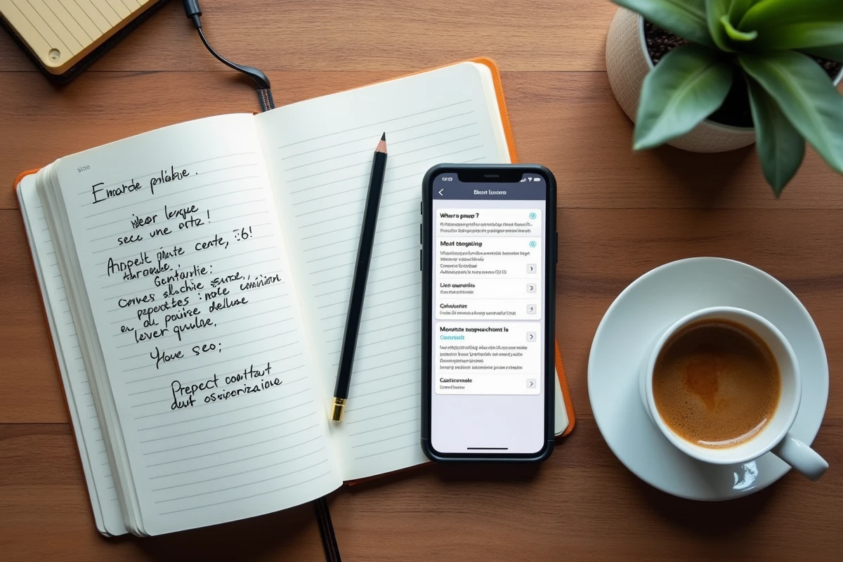 Vue aérienne d'un bureau avec un carnet de notes SEO, un smartphone affichant un calculateur de signes et des outils d'optimisation de contenu Google
