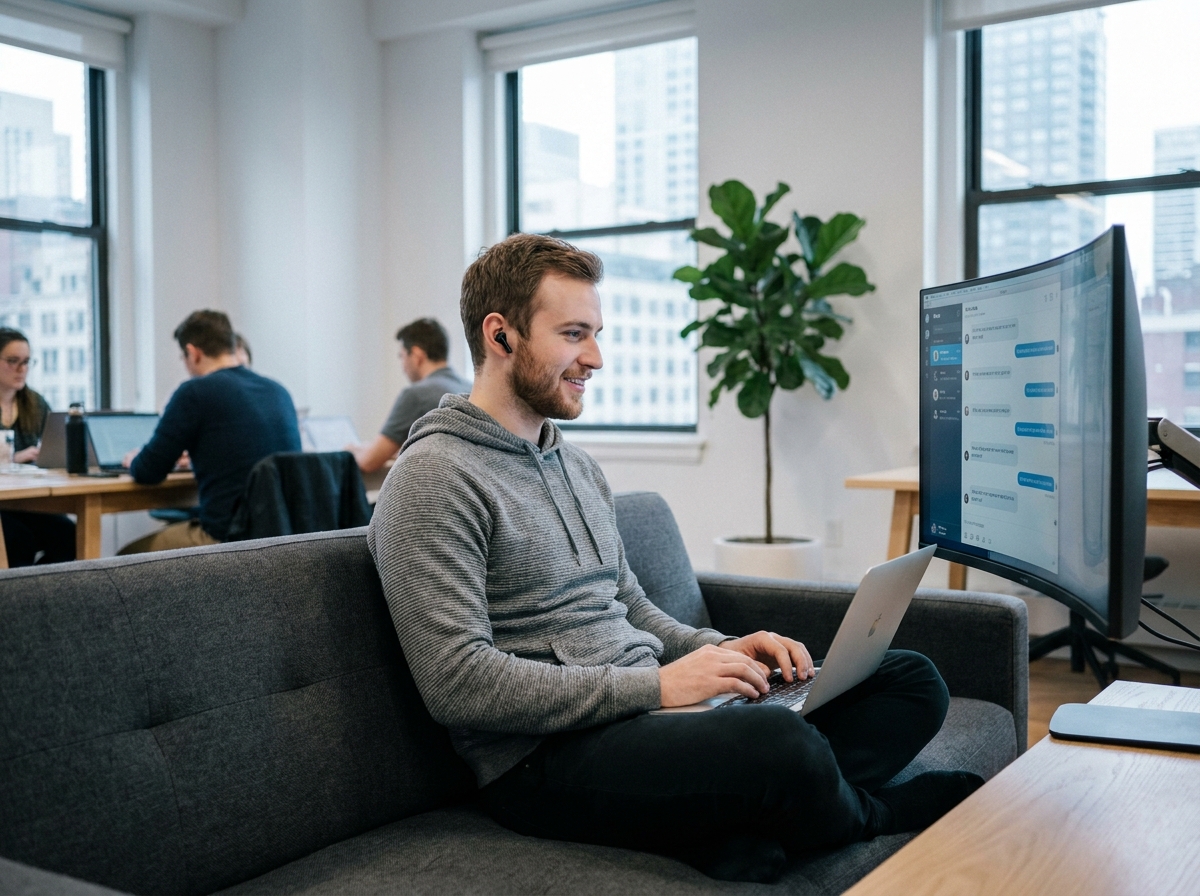 Jeune freelance masculin utilisant un assistant virtuel IA dans un espace de coworking moderne