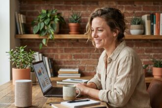 Freelance femme discutant avec un assistant virtuel dans son bureau à domicile en 2026