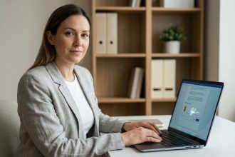 Freelance féminine signant électroniquement un contrat sur son ordinateur portable depuis son bureau à domicile