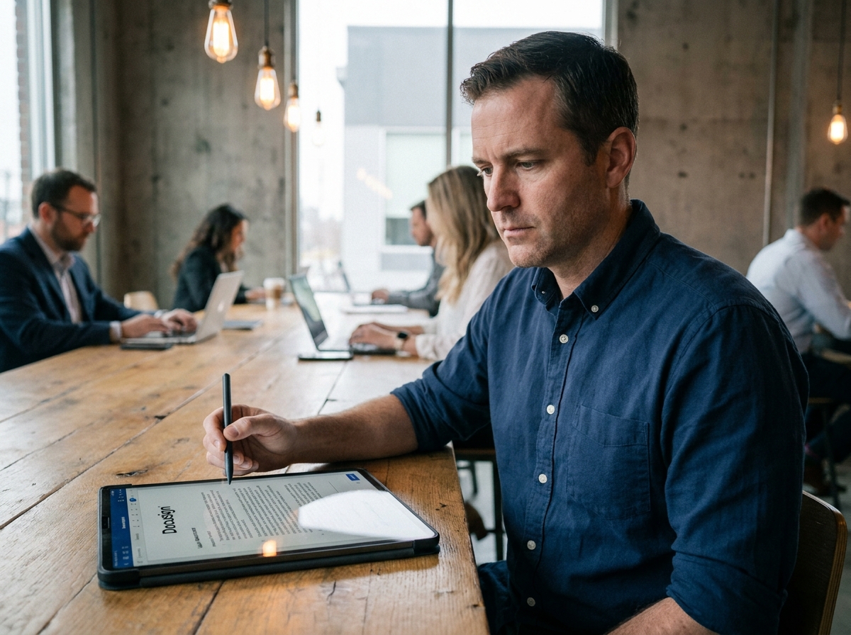 Freelance masculin utilisant une tablette pour apposer une signature électronique qualifiée dans un espace de coworking