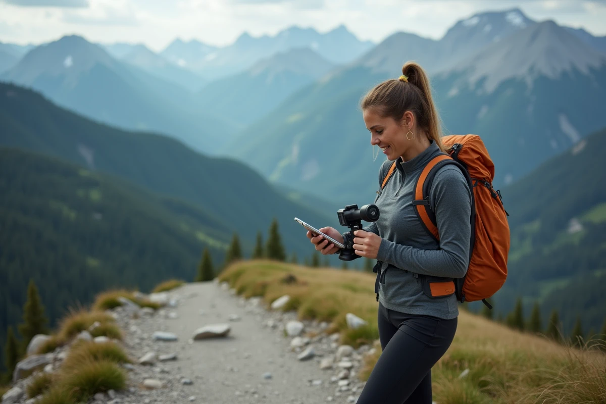 Randonneuse consultant une application de fusion de fichiers GPX sur smartphone sur un sentier de montagne rocheux