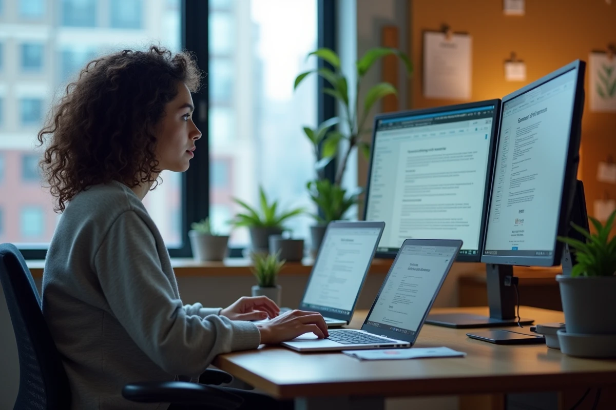 Game designer travaillant seule sur la rédaction d'un document de conception de jeu sur deux écrans dans un espace de coworking