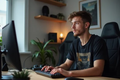Jeune homme gamer assis à son bureau dans un home office moderne