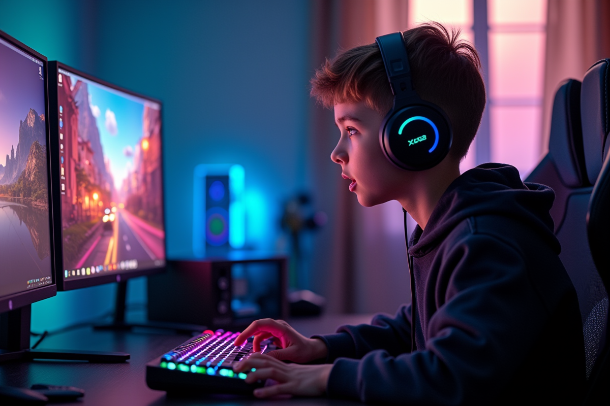 Jeune gamer jouant intensément sur un PC haut de gamme