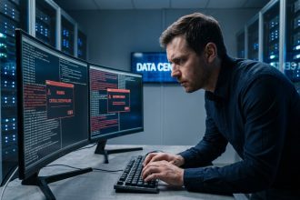 Technicien informatique gérant une crise d'accès backoffice devant des écrans d'erreur en salle serveur
