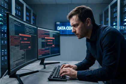 Technicien informatique gérant une crise d'accès backoffice devant des écrans d'erreur en salle serveur