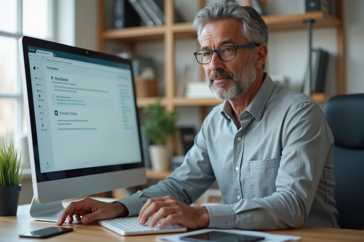 Homme en télétravail gérant séparément sa messagerie professionnelle et personnelle sur un grand écran