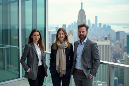 Trois professionnels d'affaires sur un rooftop avec vue urbaine
