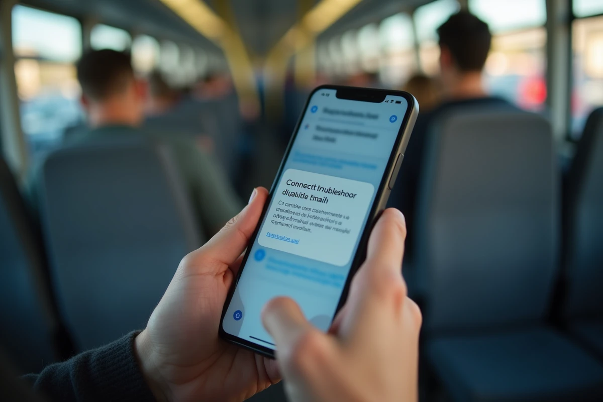 Gros plan d'un smartphone affichant l'interface de messagerie Mel avec un message de dépannage de connexion dans les transports en commun à Rennes