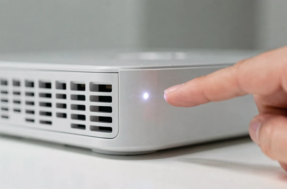 Gros plan sur le voyant blanc clignotant d'une Livebox Orange posée sur une surface blanche avec une main pointant l'indicateur