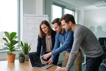 Groupe de professionnels collaborant autour d'un ordinateur