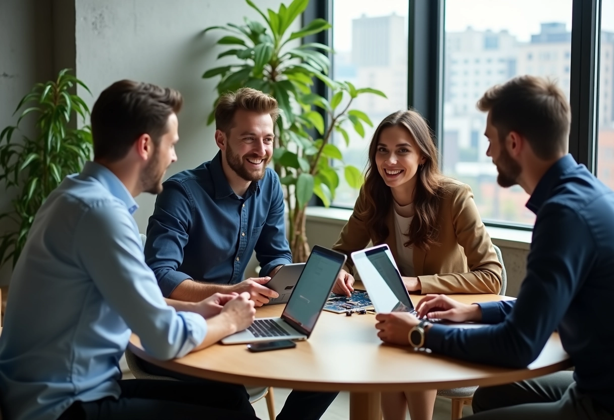 Groupe de jeunes professionnels discutant de circuits imprimés