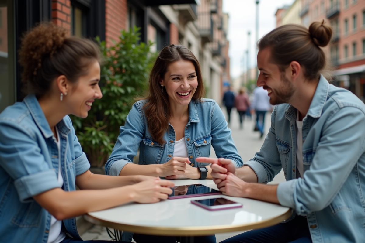 Groupe de jeunes discutant autour d un cafe en ville