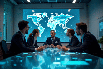 Groupe de professionnels autour d'une table avec carte digitale et icônes de cybermenaces