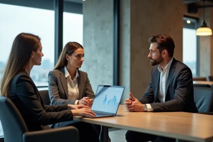 Groupe de professionnels autour d'un tableau digital dans un bureau moderne