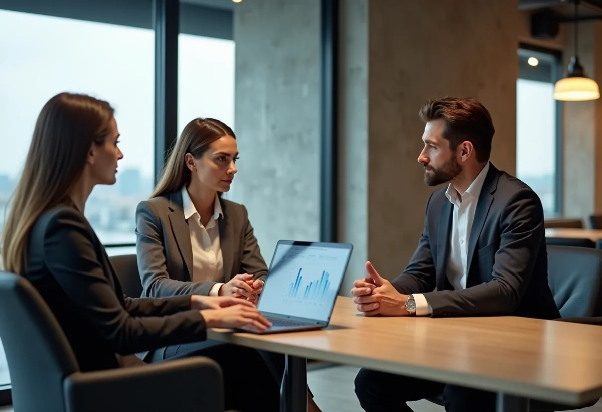 Groupe de professionnels autour d'un tableau digital dans un bureau moderne