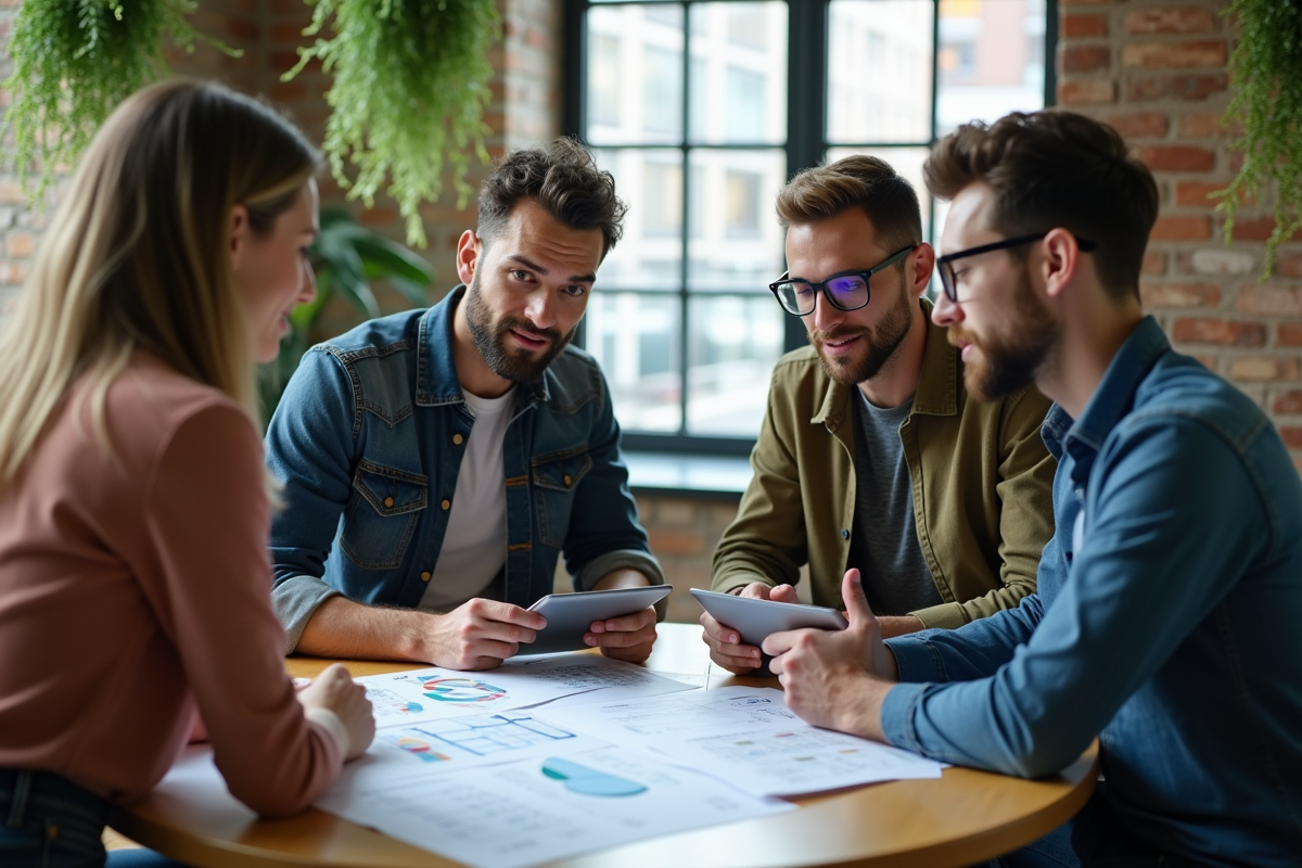 Groupe de jeunes professionnels discutant dans un espace coworking