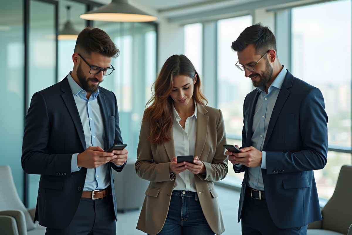 Trois collègues vérifiant leurs messages dans un lounge professionnel