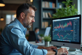 Homme d'affaires concentré analysant des données sur son ordinateur