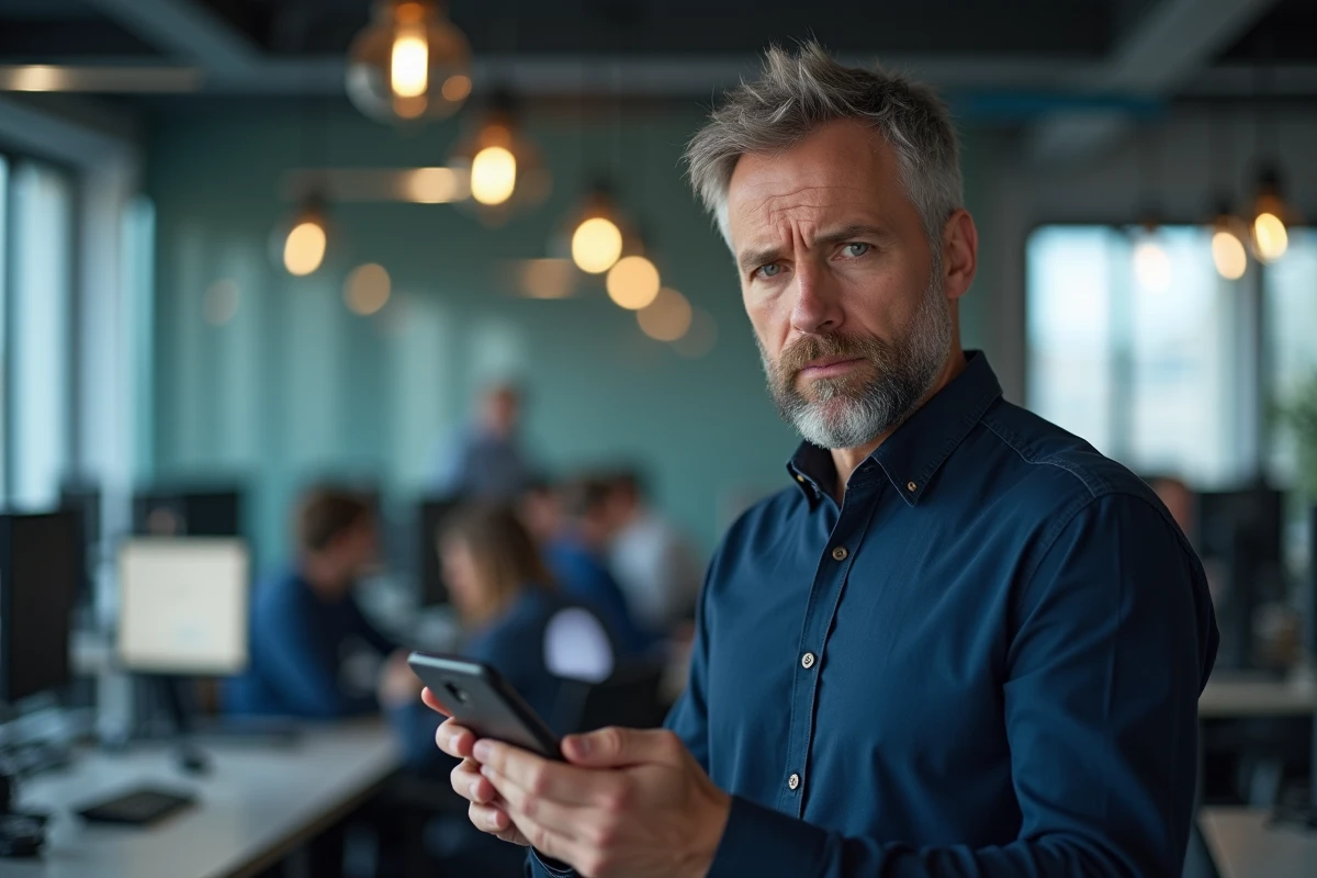 Homme en bureau tenant un smartphone avec un message d'erreur de profil utilisateur non trouvé