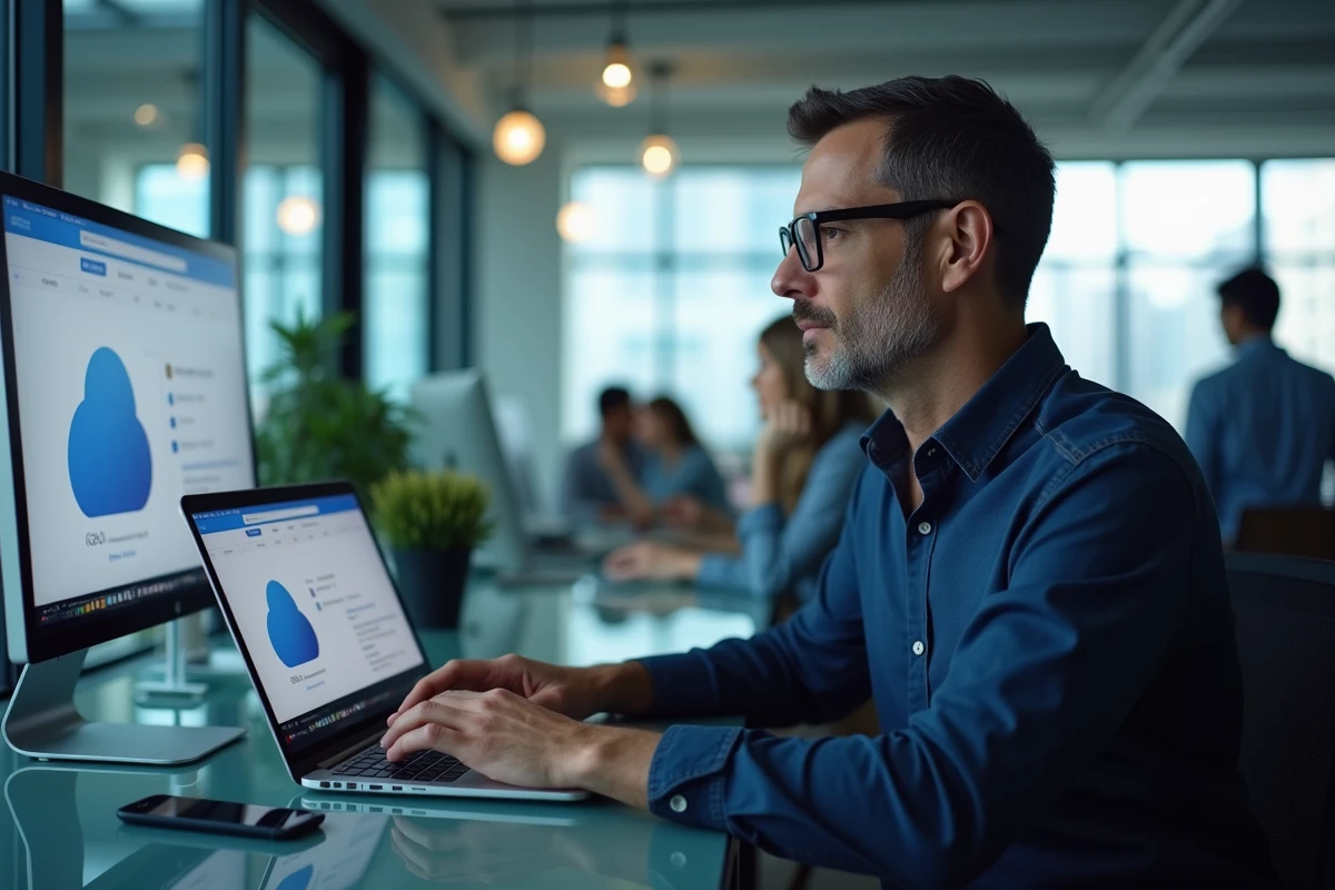 Homme en bureau moderne accédant à une interface cloud sur laptop pour récupérer des messages supprimés