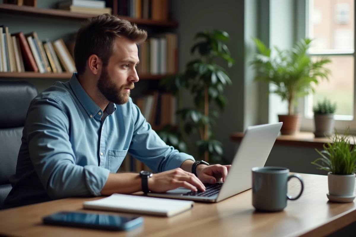 Homme comparant les offres iPhone 12 sur un ordinateur portable dans un bureau à domicile