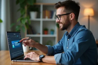 Homme en bureau moderne regarde son ordinateur avec satisfaction