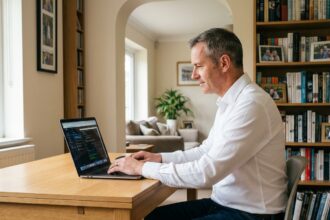 Homme d'âge moyen travaillant sur son ordinateur dans un bureau