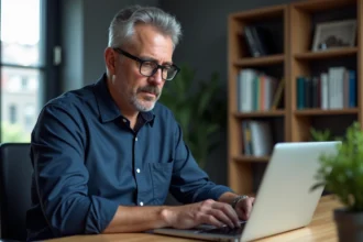 Homme d'âge moyen travaillant sur son ordinateur dans un bureau moderne