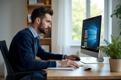 Homme concentré travaillant sur un ordinateur Windows 7 à la maison