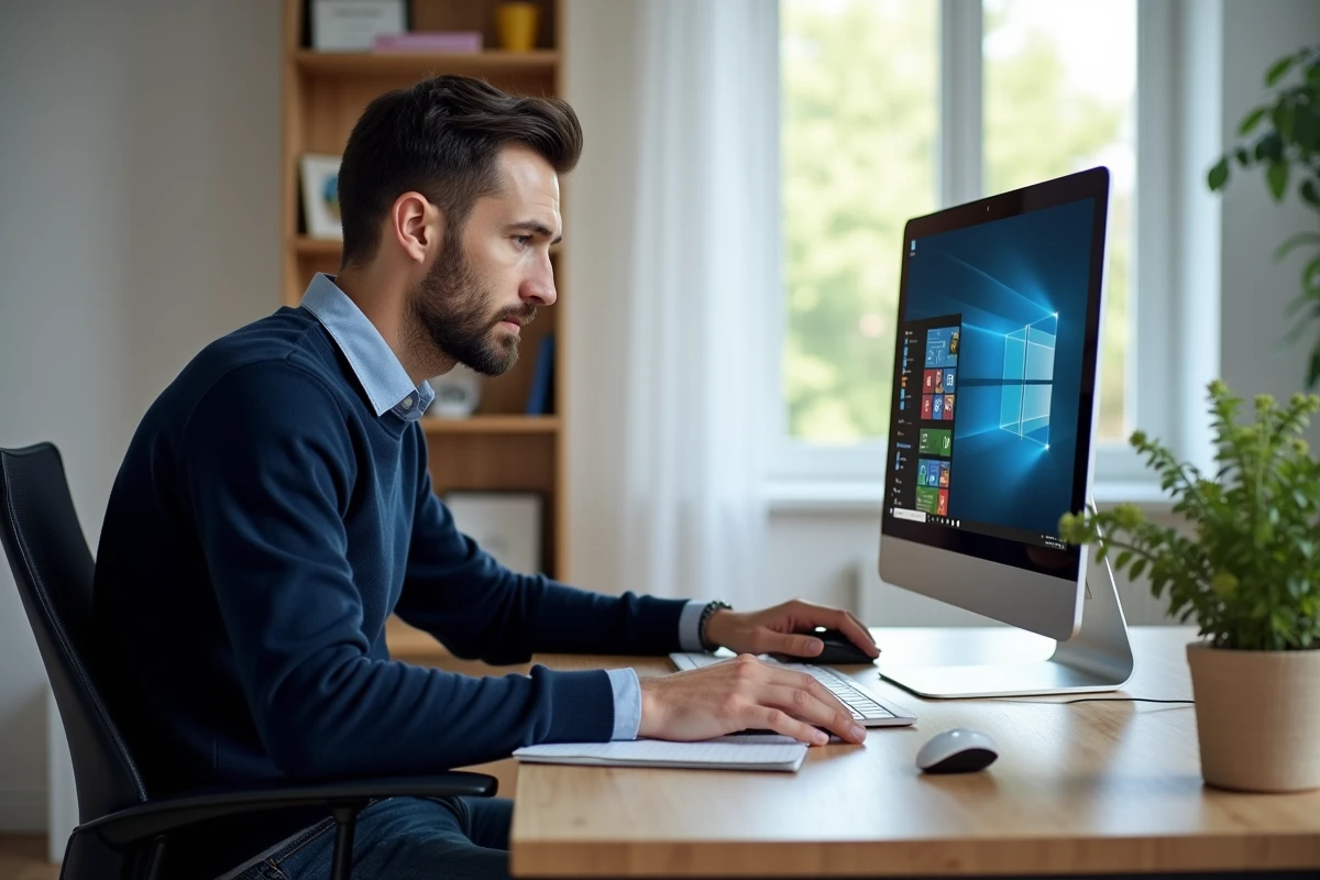 Homme concentré travaillant sur un ordinateur Windows 7 à la maison