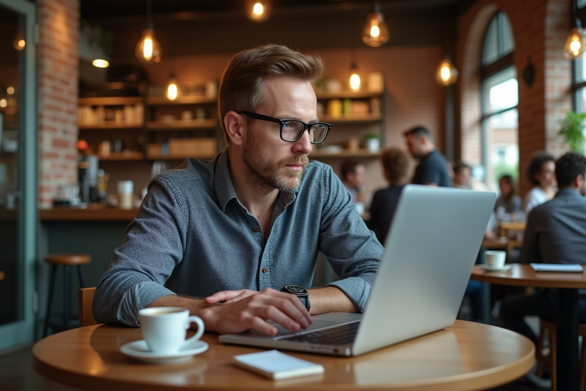 Homme au café utilisant un ordinateur portable pour inspecter une image