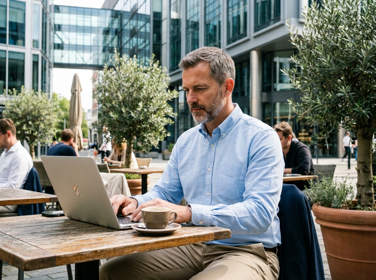 Homme au café en terrasse en milieu urbain
