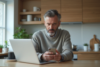 Homme d'âge moyen travaillant sur son ordinateur dans la cuisine