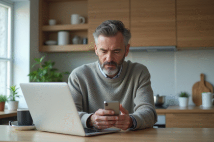 Homme d'âge moyen travaillant sur son ordinateur dans la cuisine