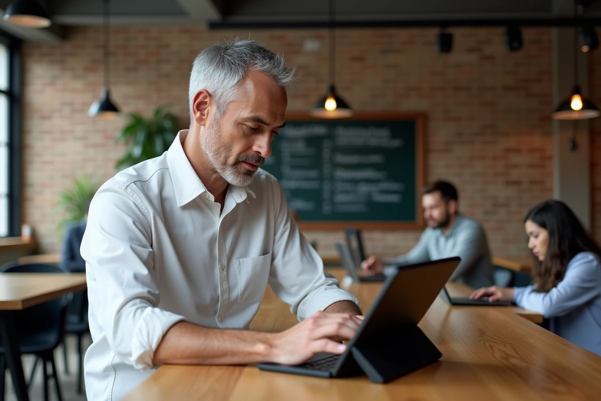 Homme d'affaires interagissant avec un chatbot IA en français sur une tablette dans un espace de coworking