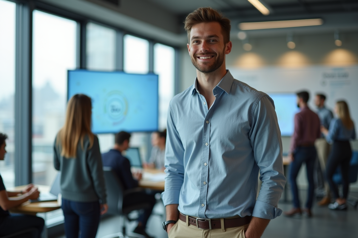 Homme en discussion dans un espace de travail moderne