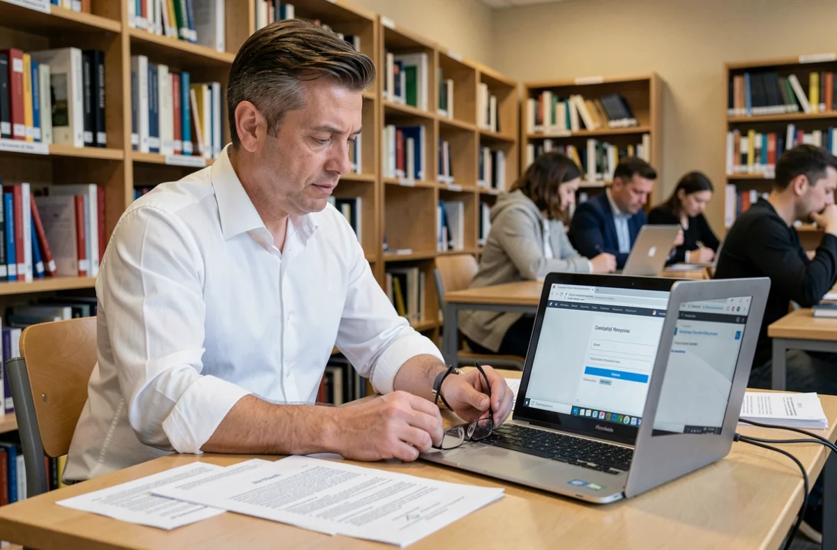 Homme consultant des documents de confidentialité des données à côté d'un webmail académique ouvert dans une bibliothèque universitaire