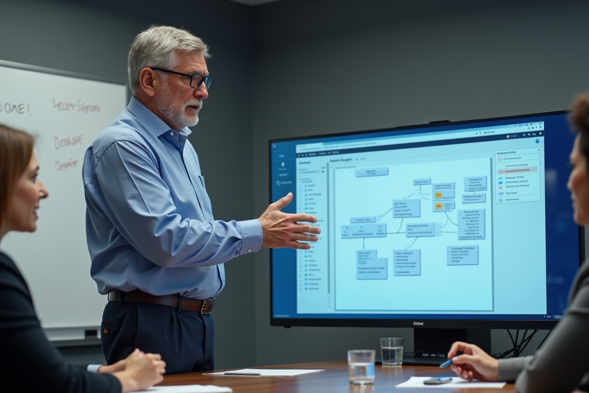 Homme montrant un diagramme de base de donnees lors d une reunion