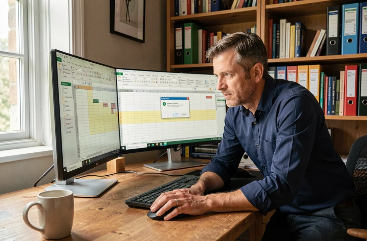 Homme consultant un tableau Excel avec cellules protégées sur double écran dans un bureau à domicile