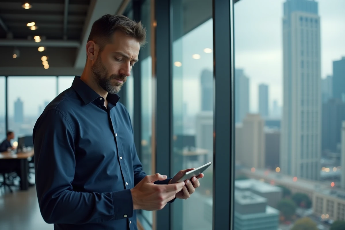 Homme consultant son espace client Réglo Mobile sur une tablette dans un bureau